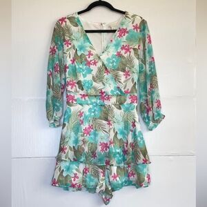 CATO Romper, size 14, zipper green white quarter sleeve underlay short